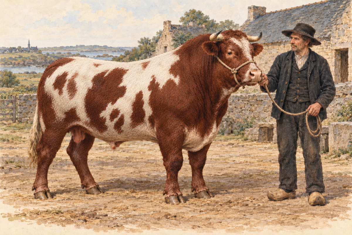 Illustration d'un taureau Durham tenu par un paysan breton au 19e siècle - Illustration Au Pays d’Iroise,  la marche du progrès