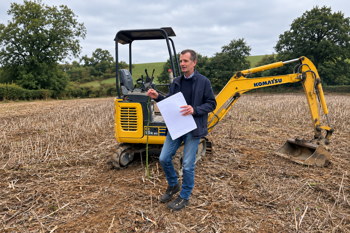 Un agronome, à côté d'une mini pelle, dans un champ sec après la récolte de colza - Illustration Garder les champs verts après la moisson