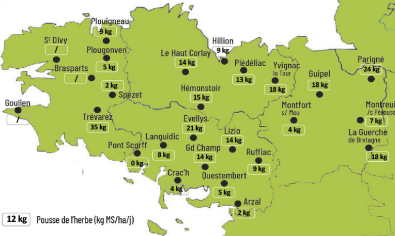 carte de la pousse de l'herbe en bretagne du 13 au 19 octobre - Illustration Observatoire des fourrages Bretagne : 12 kg MS/ha/jour