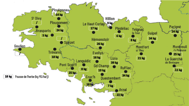 carte de la pousse de l'herbe en bretagne du 20 au 26 octobre 2026 - Illustration Observatoire des fourrages Bretagne : 18 kg MS/ha/jour